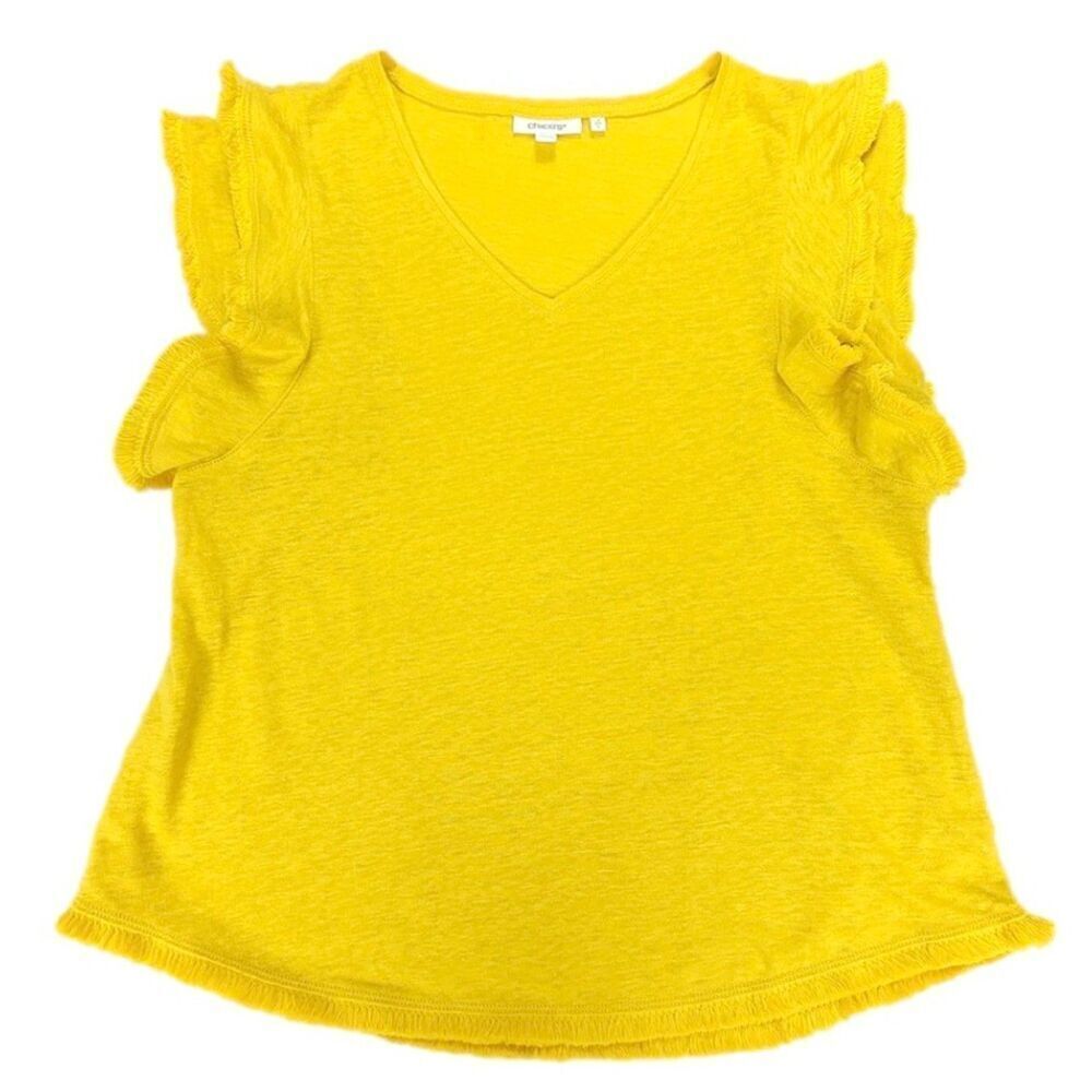 NEW Chicos 100% Linen Flutter Sleeve Top Fringe V Neck Blouse Women Large Yellow